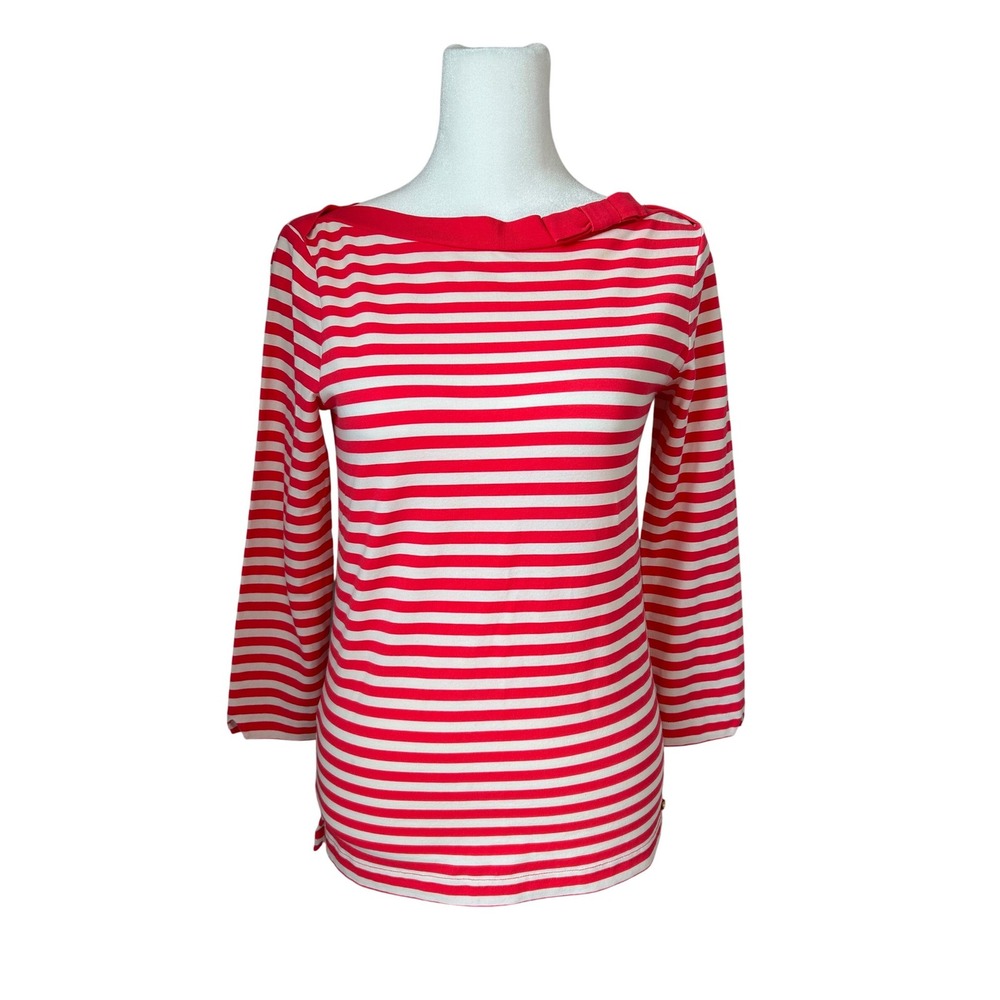 Kate Spade Devon Hot Coral Pink Striped Top Bow Detail Boat Neck 3/4 Sleeve XS